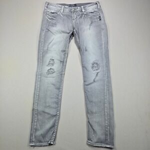 Silver Jeans Co Aiko Skinny Grey Distressed Ripped Embroidered Jeans W29 L31
